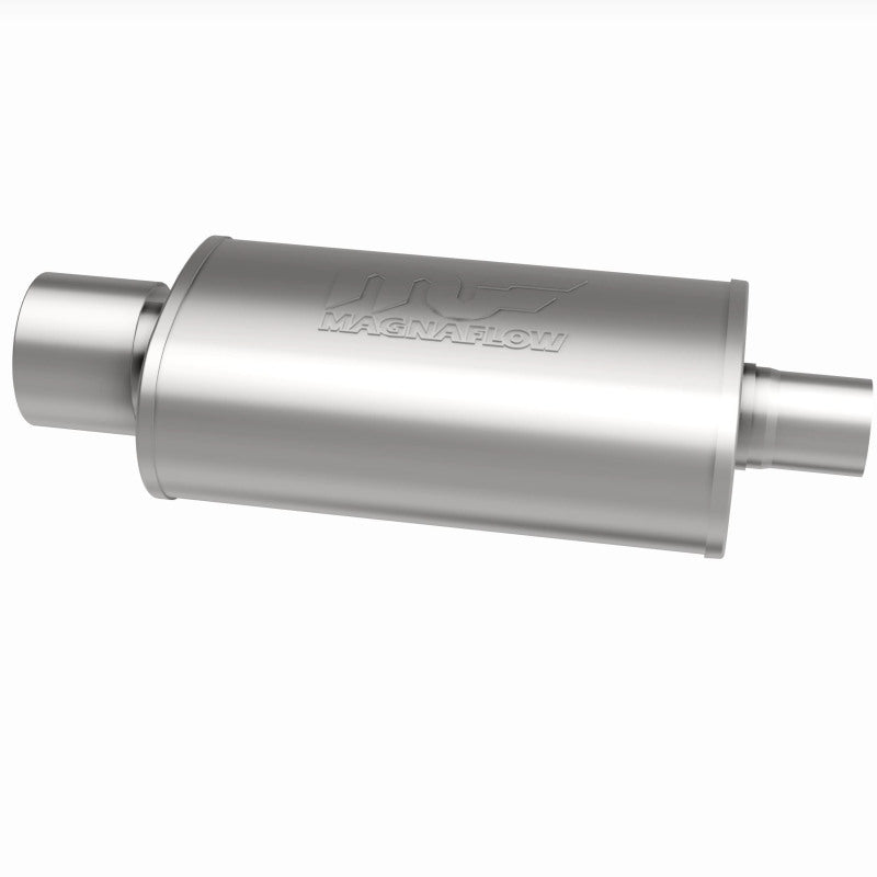 MagnaFlow stainless steel muffler with tip, 14x5x8 inches, featuring 2.25/4 inch inlet and outlet for vehicle exhaust system.