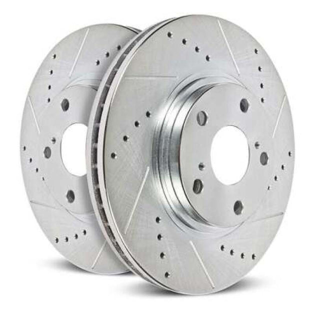 PowerStop drilled and slotted right front brake rotor for 2024-2025 Ford Mustang, high-performance automotive brake component.