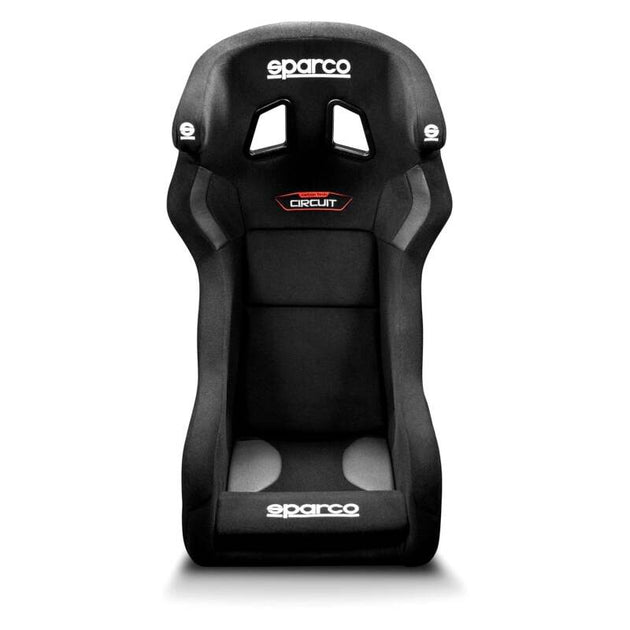 Black Sparco Circuit II race seat with carbon fiber accents, featuring ergonomic design and racing harness slots.