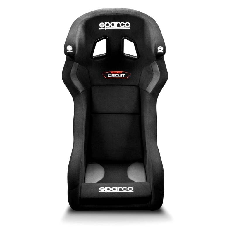 Black Sparco Circuit II race seat with carbon fiber accents, featuring ergonomic design and racing harness slots.
