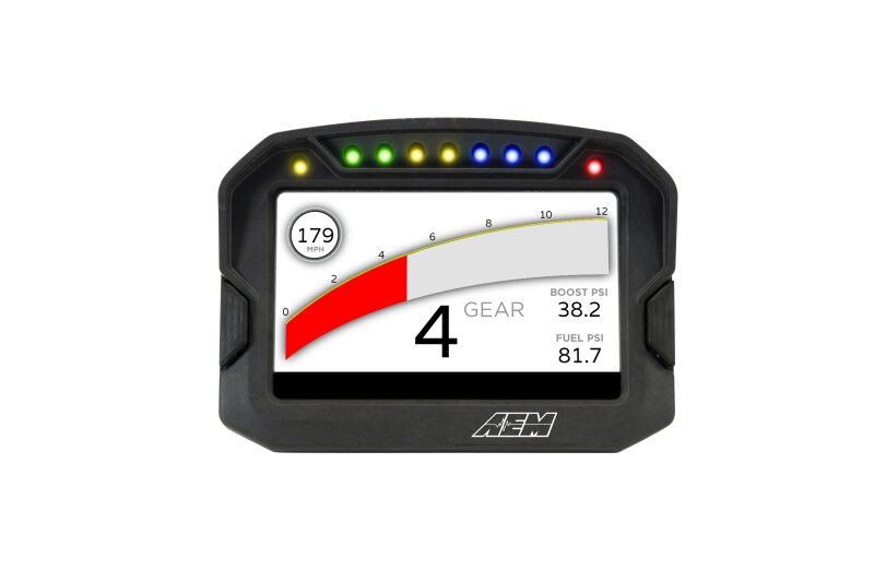 AEM CD-5LG Carbon Logging digital dash display with internal 10Hz GPS and antenna, showing gauges and data readouts.