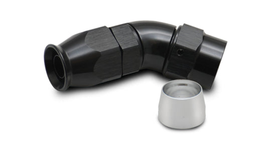 Vibrant -6AN 45-degree elbow hose end fitting for PTFE lined hoses, metal fitting with threaded connection.