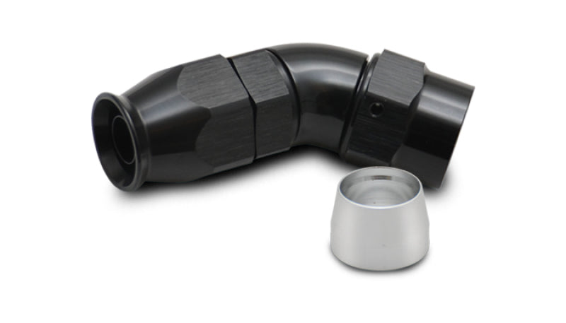 Vibrant 45-degree one-piece hose end fitting for PTFE-lined hose, size -12AN, with vibrant orange and metal construction.