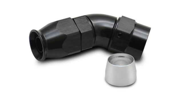 Vibrant -10AN 45-degree hose end fitting for PTFE lined hoses, showing the angled metal fitting with smooth finish.