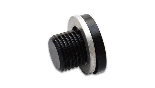 Vibrant M14 x 1.5 metric aluminum port plug with crush washer, fitting for automotive or industrial use