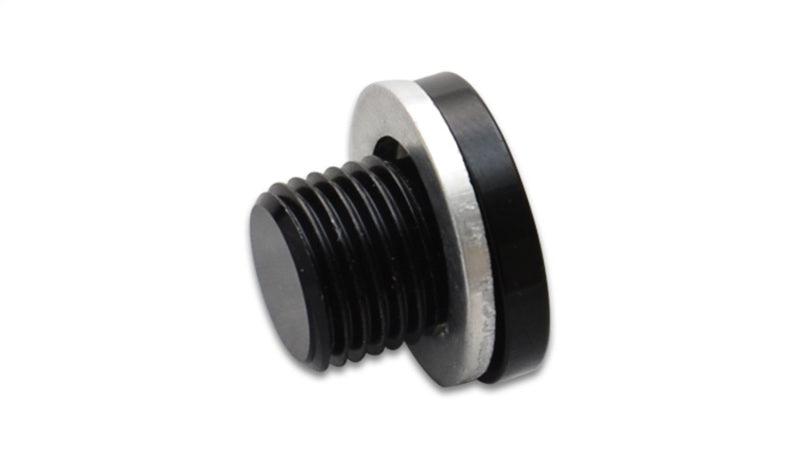 Vibrant M12 x 1.5 metric port plug fitting with crush washer, showcasing the threaded metal component and sealing washer.