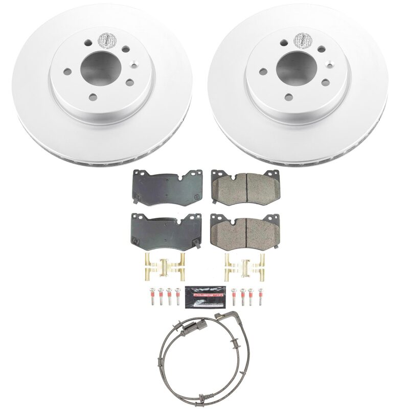 PowerStop front Z23 coated brake kit for 2020-2022 Cadillac CT4, including brake rotors and pads, installed on the vehicle.