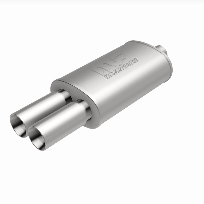 MagnaFlow stainless steel muffler with tip, 14x5x8 inches, featuring dual inlet and outlet pipes, for enhanced exhaust performance.