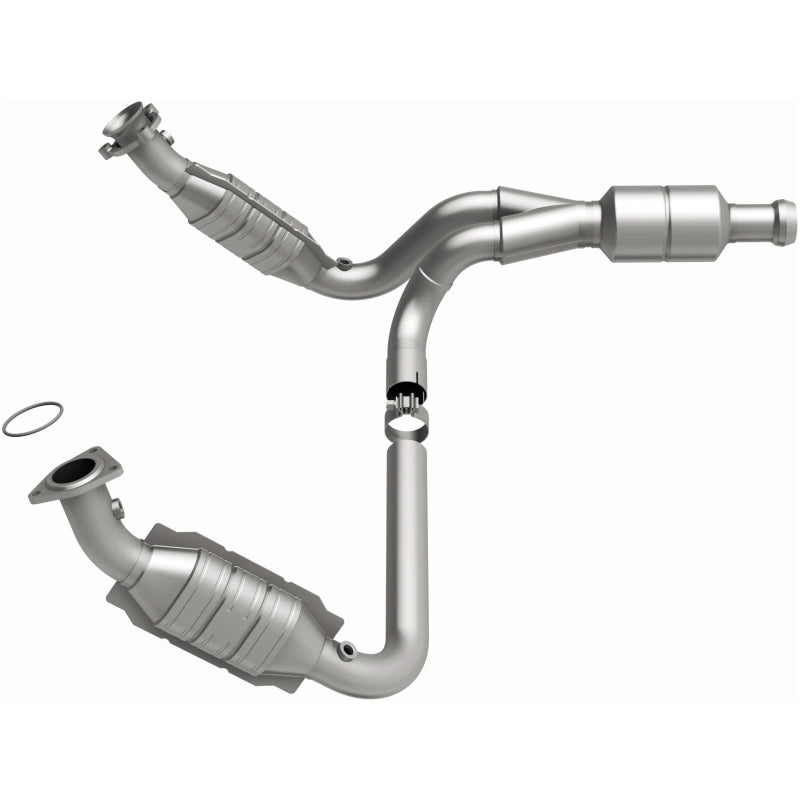 MagnaFlow catalytic converter direct fit for Chevy Avalanche 5.3L engine, showing the metal body and inlet/outlet ports.