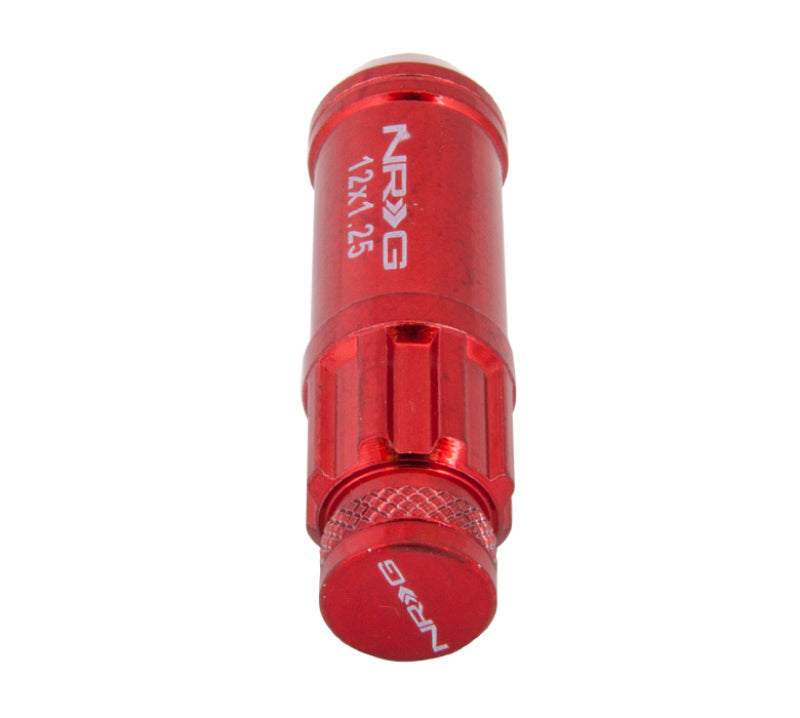 NRG 700 Series M12 x 1.25 steel lug nut set with dust caps, locks, and lock socket in red, 21-piece automotive wheel lug nut kit
