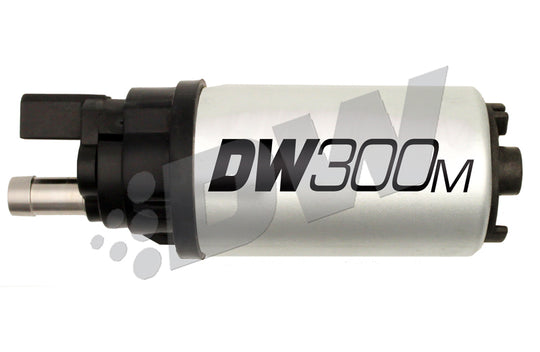 DeatschWerks DW300M series 340 LPH Ford in-tank fuel pump showing the compact metal pump with electrical connector