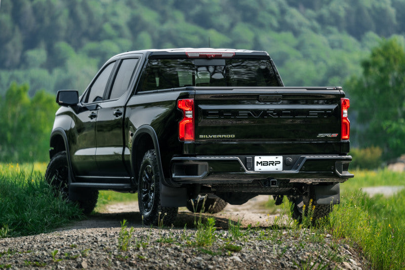 MBRP catback exhaust for 2022-2023 Chevy Silverado and GMC Sierra ZR2 AT4X 6.2L, featuring turn down 2.5-inch pipe and 3-inch muffler