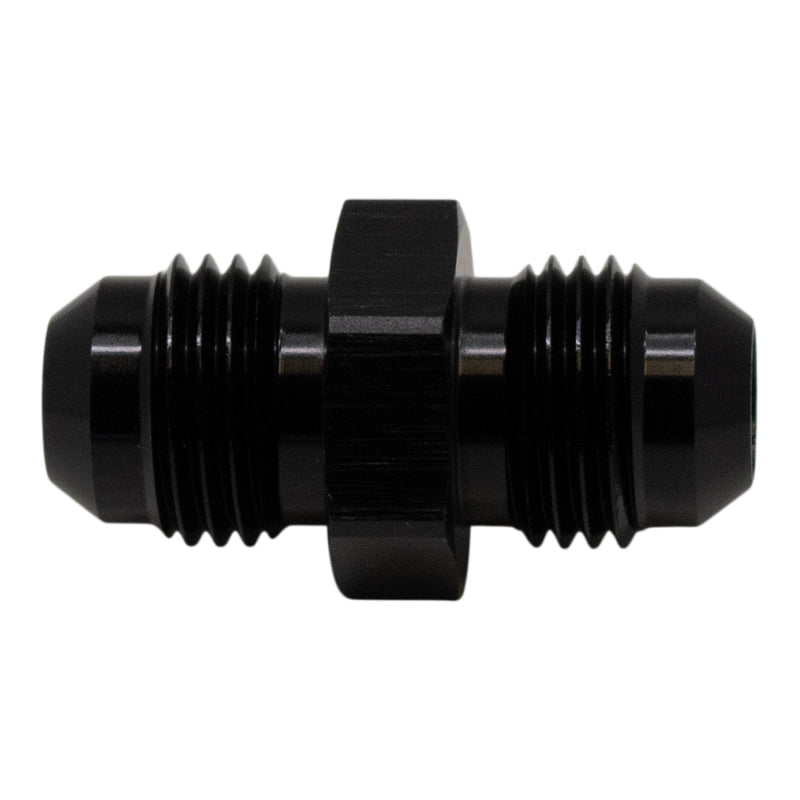 DeatschWerks 6AN Male Flare to 6AN Male Flare Coupler fitting in anodized matte black, showing smooth flare connections and durable finish.