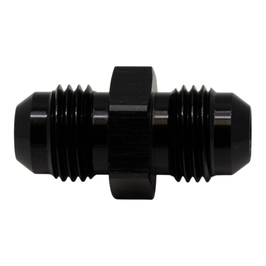DeatschWerks 6AN Male Flare to 6AN Male Flare Coupler fitting in anodized matte black, showing smooth flare connections and durable finish.