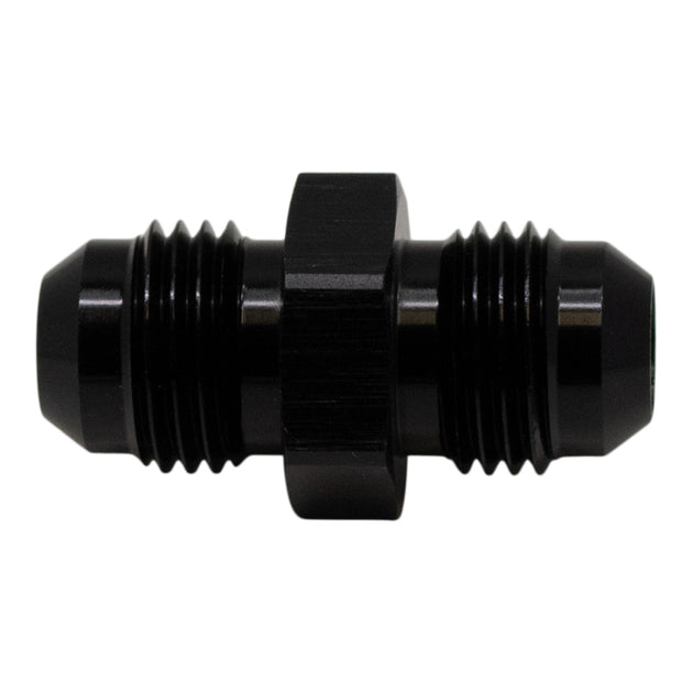 DeatschWerks 6AN Male Flare to 6AN Male Flare Coupler fitting in anodized matte black, showing smooth flare connections and durable finish.