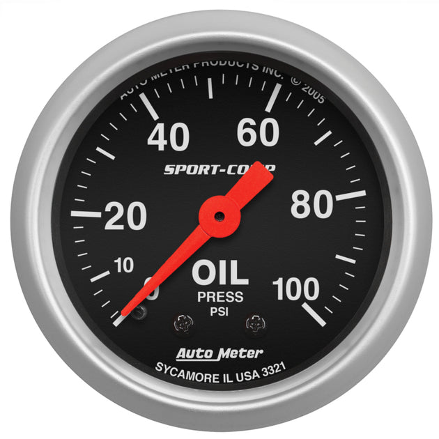 AutoMeter Sport Comp 52mm mechanical oil pressure gauge showing a dial with 0-100 PSI readings, designed for automotive use.