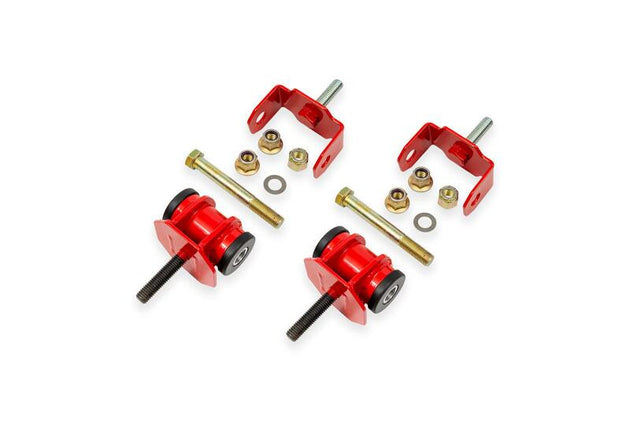 Red BMR Suspension Delrin engine motor mounts for Chevrolet C5 Corvette 1997-2004 including Z06 model, with visible mounting hardware.