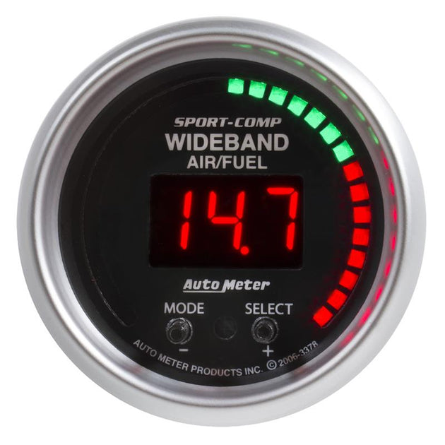AutoMeter Sport-Comp 52mm wideband air/fuel gauge showing digital display and black dial with silver accents.