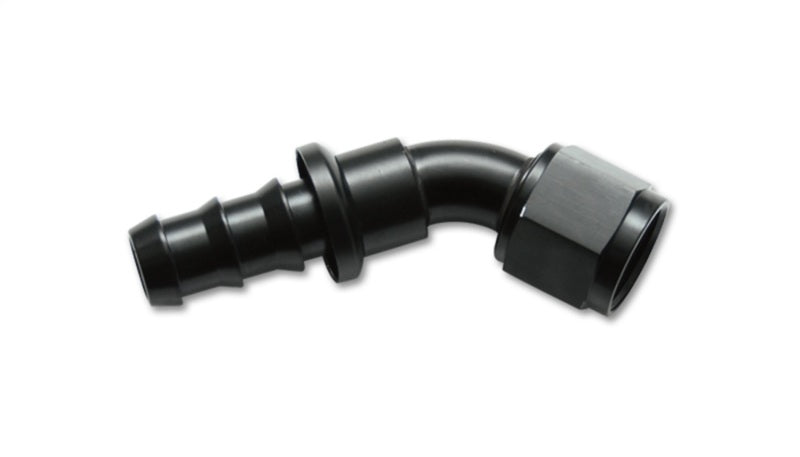 Vibrant aluminum -12AN push-on 45-degree hose end fitting, durable automotive fitting for high-performance fluid connections.