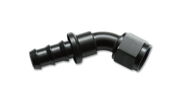 Vibrant aluminum -6AN push-on 45-degree hose end fitting showing the angled metal fitting with black and silver finish.