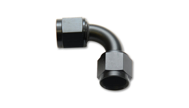 Vibrant black -20AN female 90-degree union adapter fitting, anodized aluminum, for high-performance fluid connections.