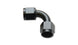 Vibrant 16AN female 90-degree union adapter fitting, anodized black, connecting AN to AN for automotive or performance applications.