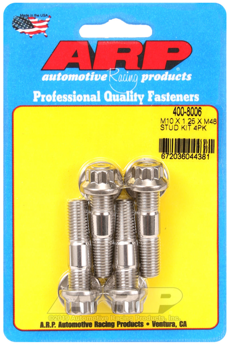 ARP M10 x 1.25 x 48mm broached stud kit with four pieces, showing hardware components and detailed threading.