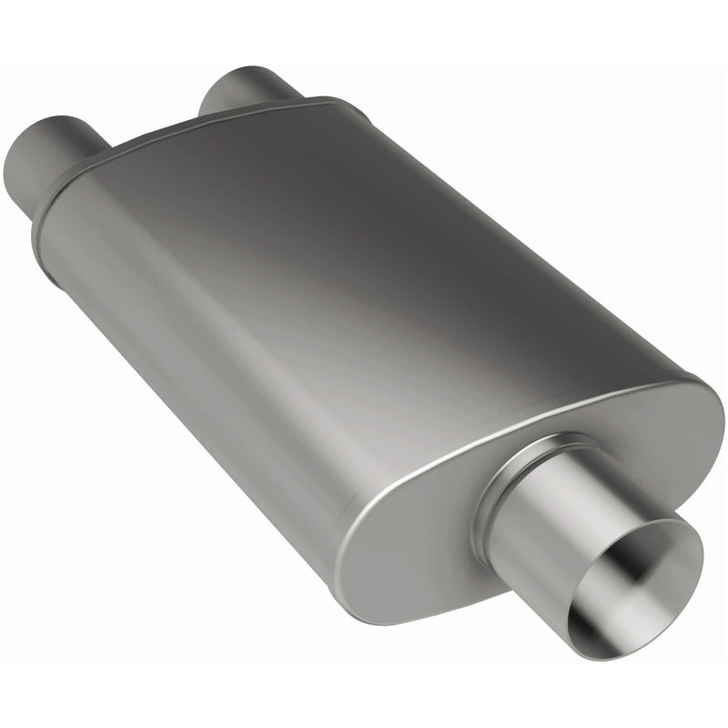 MagnaFlow Mag SS muffler with 22x5x11 inch dimensions, featuring dual outlets and 2.5/3.50 inch inlet and outlet pipes, automotive exhaust part.