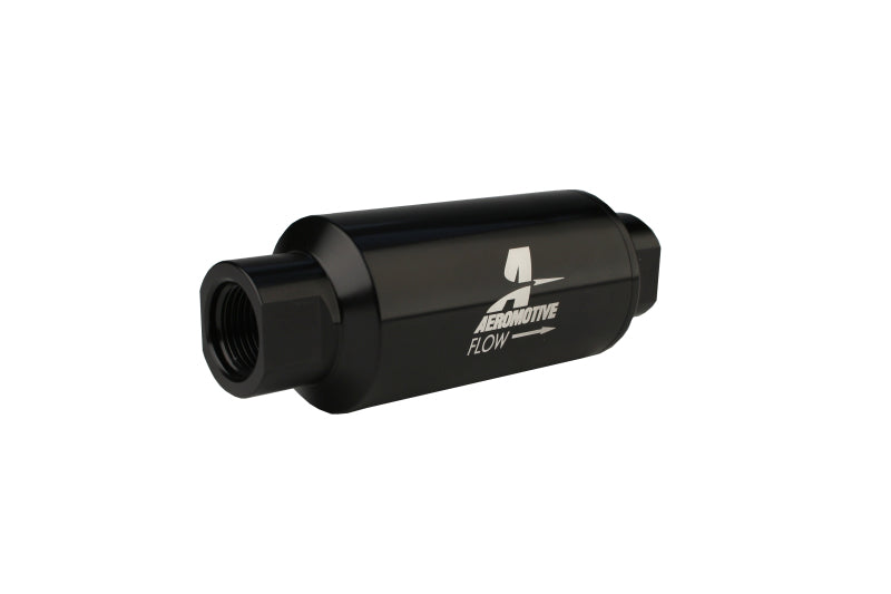 Aeromotive AN-10 black inline fuel filter with 100 micron filtration showing the compact, black filter body and inlet/outlet fittings