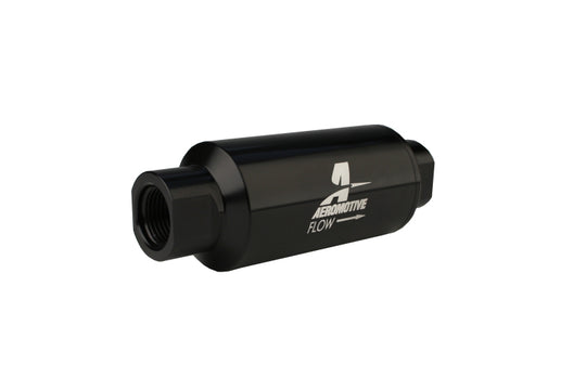 Aeromotive black AN-10 inline fuel filter with 100 micron filtration, designed for automotive fuel systems.