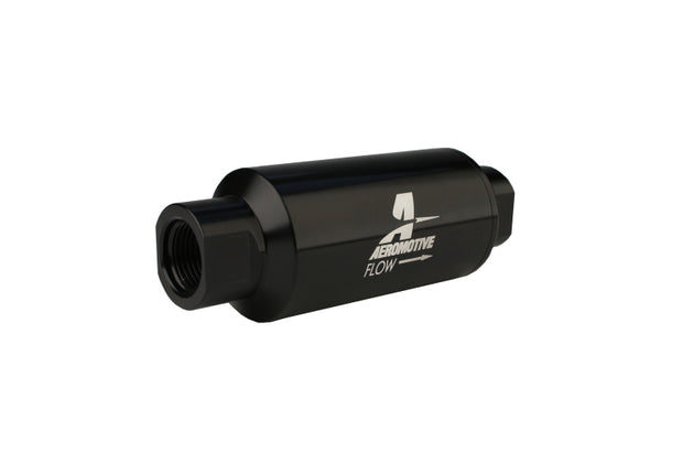 Aeromotive black AN-10 inline fuel filter with 100 micron filtration, designed for automotive fuel systems.