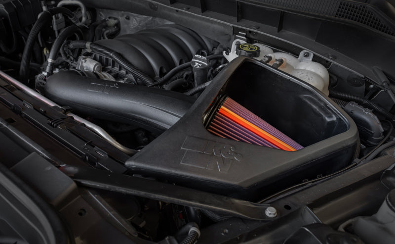 K&N Engineering NextGen cold air intake for Chevy Silverado 19-24 5.3L/6.2L V8 engine, shown with intake components and filter.
