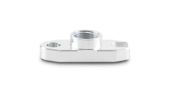 Vibrant oil drain flange for T3, T4, T04 turbochargers, engine gasket component, metallic finish, with bolt holes for installation.