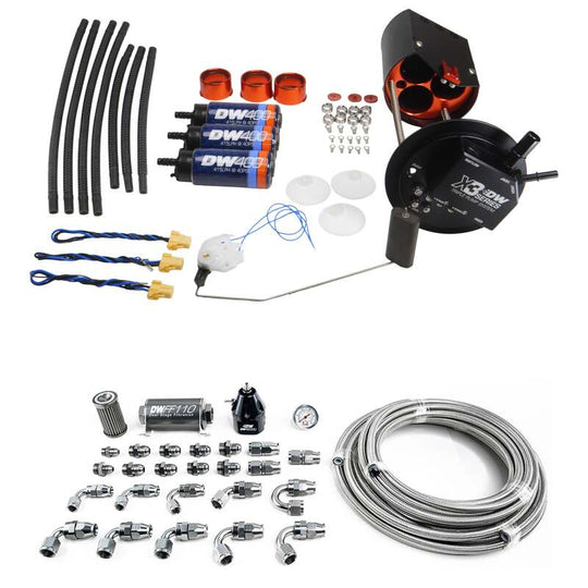 DeatschWerks GM truck fuel pump module with DW400 pumps and PTFE 8AN plumbing kit, showing pumps and fittings.