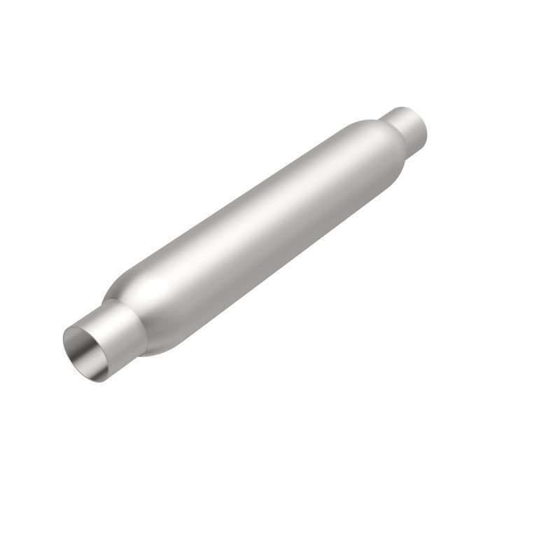 MagnaFlow muffler with 3.5-inch diameter and 18-inch length, featuring dual 2.25-inch inlet and outlet pipes for vehicle exhaust.