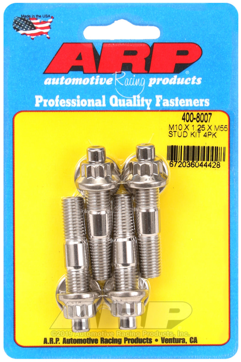 ARP M10 x 1.25 x 55mm broached stud kit with four hardware studs, showing the detailed threaded studs and packaging.