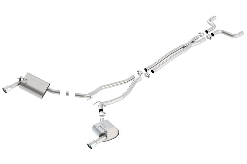 Borla 14-15 Camaro 3.6L V6 single split rear exit touring catback exhaust system showing polished stainless steel pipes and tips.