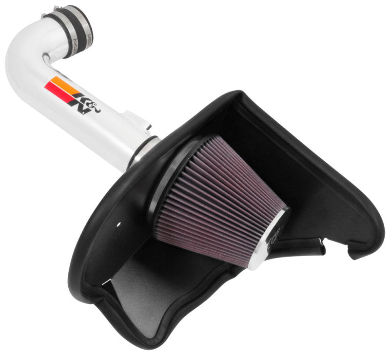 K&N Engineering Chevy Camaro 3.6L silver Typhoon short ram cold air intake installed in engine bay.