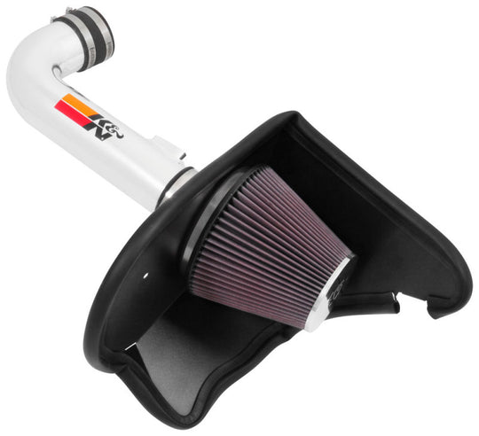 K&N Engineering Chevy Camaro 3.6L silver Typhoon short ram cold air intake installed in engine bay.