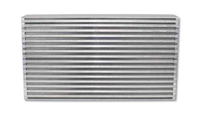 Vibrant intercooler core measuring 20x11x3.5 inches with vibrant metal fins and end tanks, designed for high-performance engine cooling.