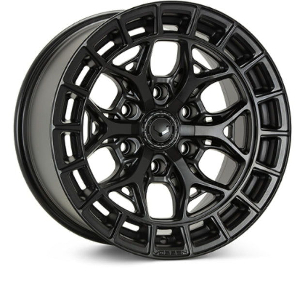 Vossen HFX-1 18x9 forged satin black wheel with 8x170 bolt pattern and ET18 offset, deep face design, close-up view.