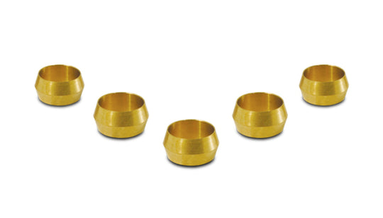 Vibrant brass olive inserts, 5/16 inch, pack of 5, suitable for fittings, shown in a close-up image highlighting the metal details.