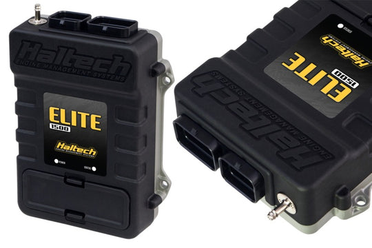 Haltech Elite 1500 ECU for car tuning, showing the compact electronic control unit with wiring and connectors.
