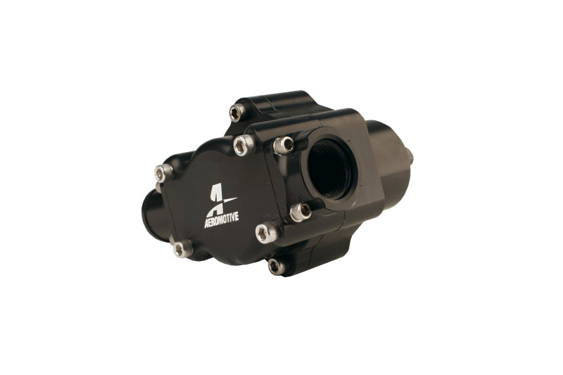 Aeromotive Atomic Belt Drive Fuel Pump showing metal housing and pulley for high-performance fuel delivery.