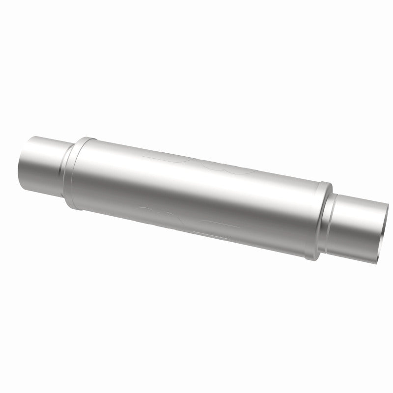 MagnaFlow Mag SS muffler with 3-inch inlet, 14x4x4-inch dimensions, stainless steel construction, shown from side view.