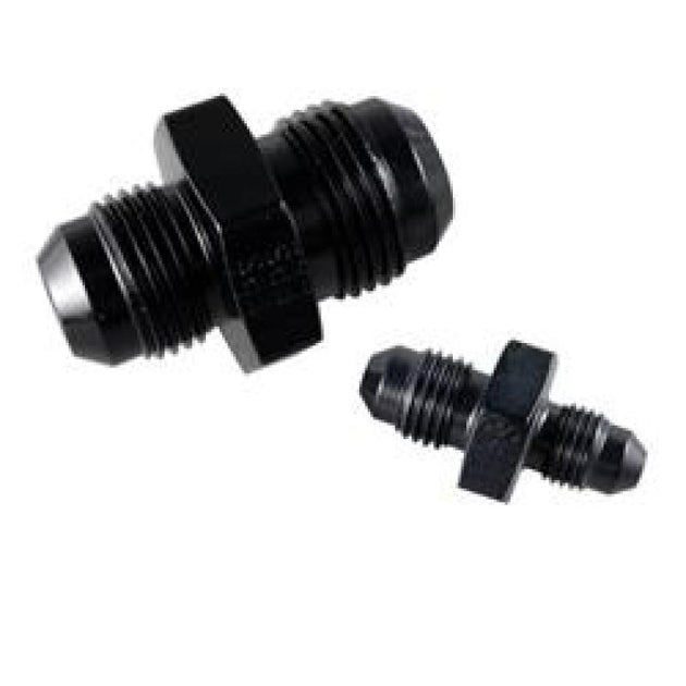 Fragola black -6AN to -8AN male reducer fitting, hydraulic connector for automotive or racing applications.