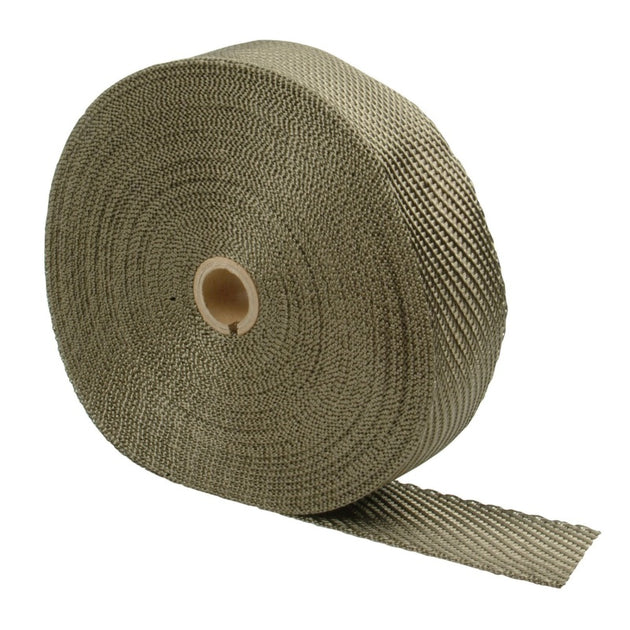 DEI Titanium Exhaust Wrap 1in x 100ft, heat-resistant wrap for automotive exhaust systems, shown in a close-up image
