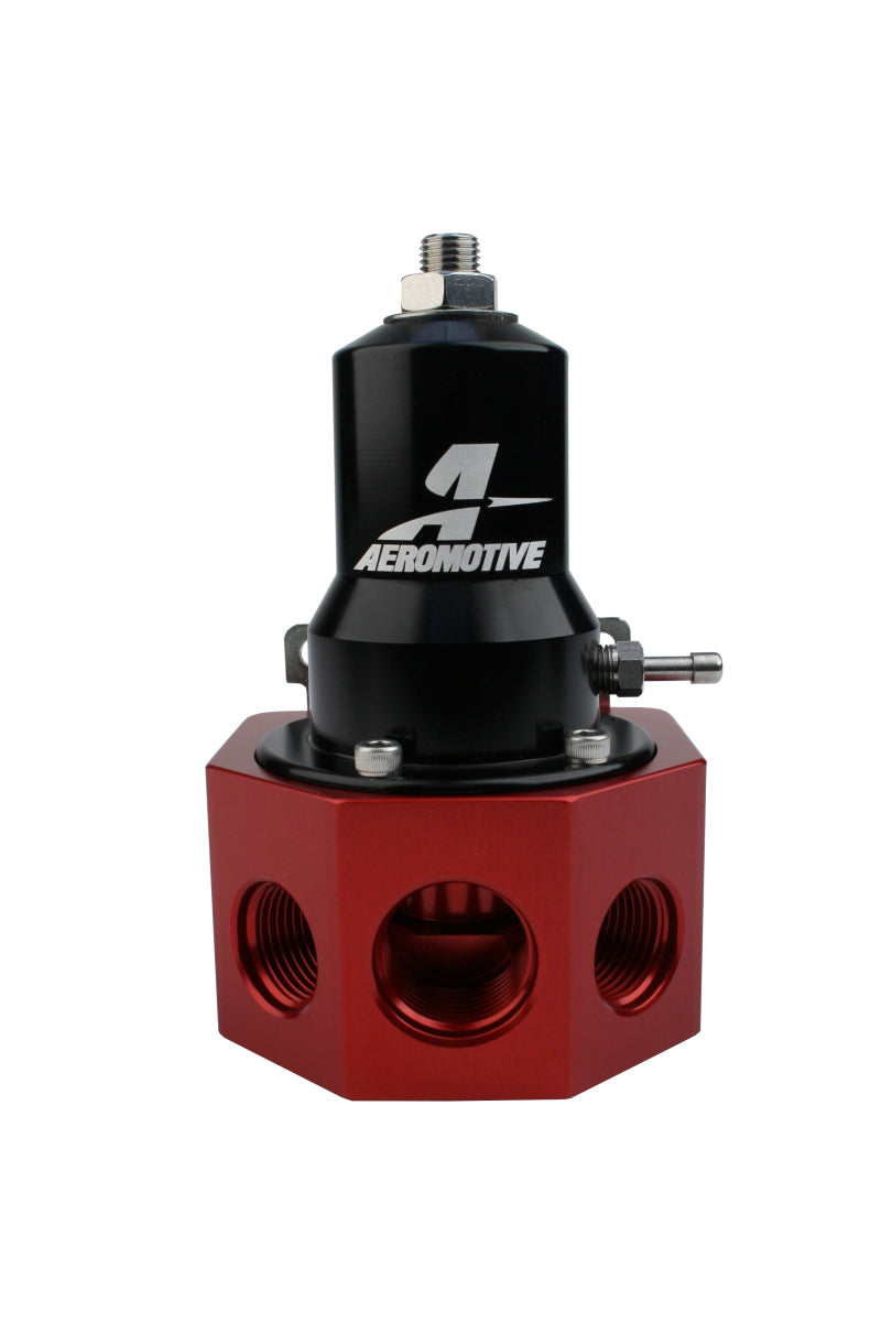 Aeromotive fuel pressure regulator with 30-120 PSI range, .500 valve, 4x AN-08 and AN-10 inlets, and AN-10 bypass.