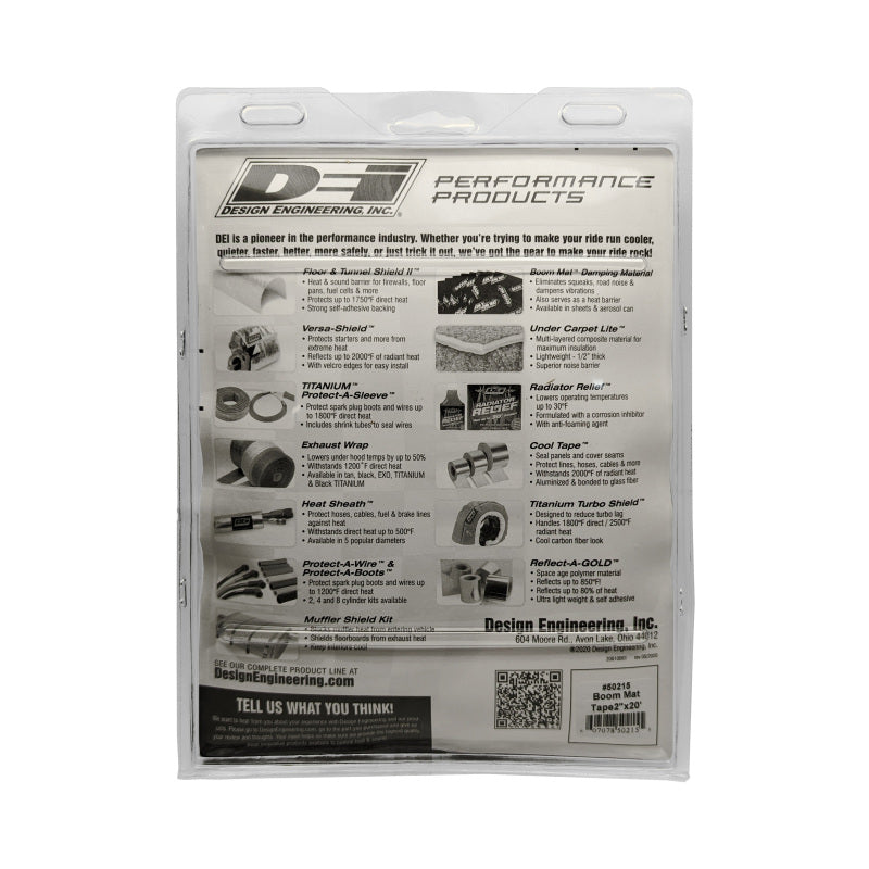 DEI Boom Mat damping tape thermal wrap, 2-inch by 20-foot roll, used for sound and heat insulation in automotive and industrial applications.