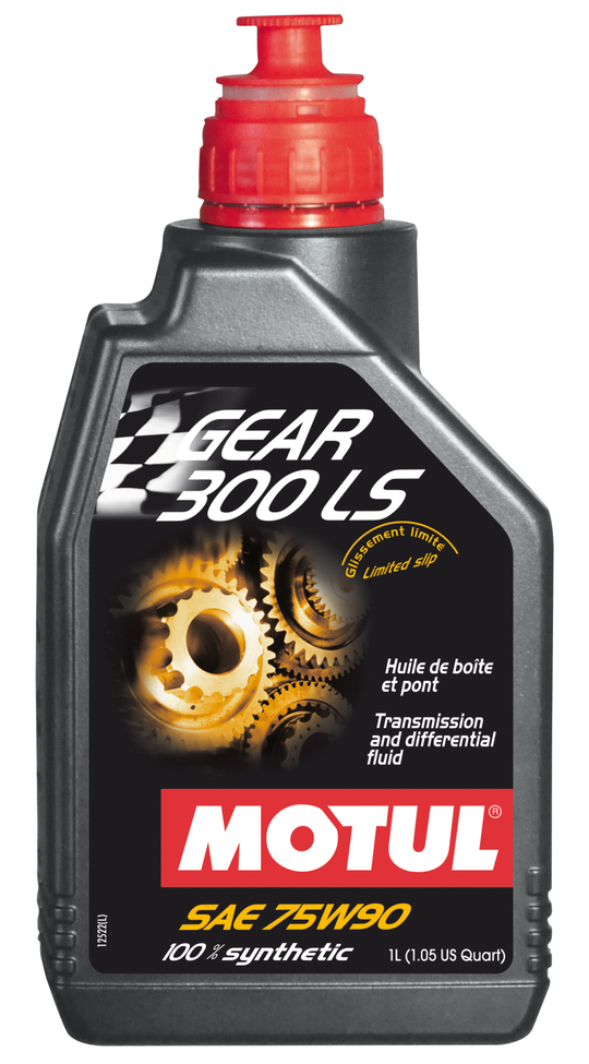 Motul 1L DSG Transmission Gear 300 LS 75W90 gear oil bottle for automatic transmissions, with label and cap visible.